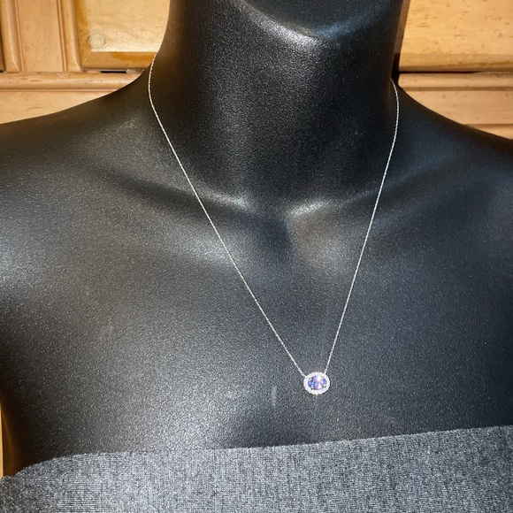 Solid 10K White Gold Natural Tanzanite Gem Faux Diamond Halo Necklace (not 14K) - Picture 12 of 13